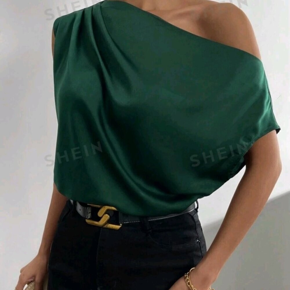 SHEIN Prive' Solid Asymmetrical Neck Satin Blouse - Picture 6 of 7
